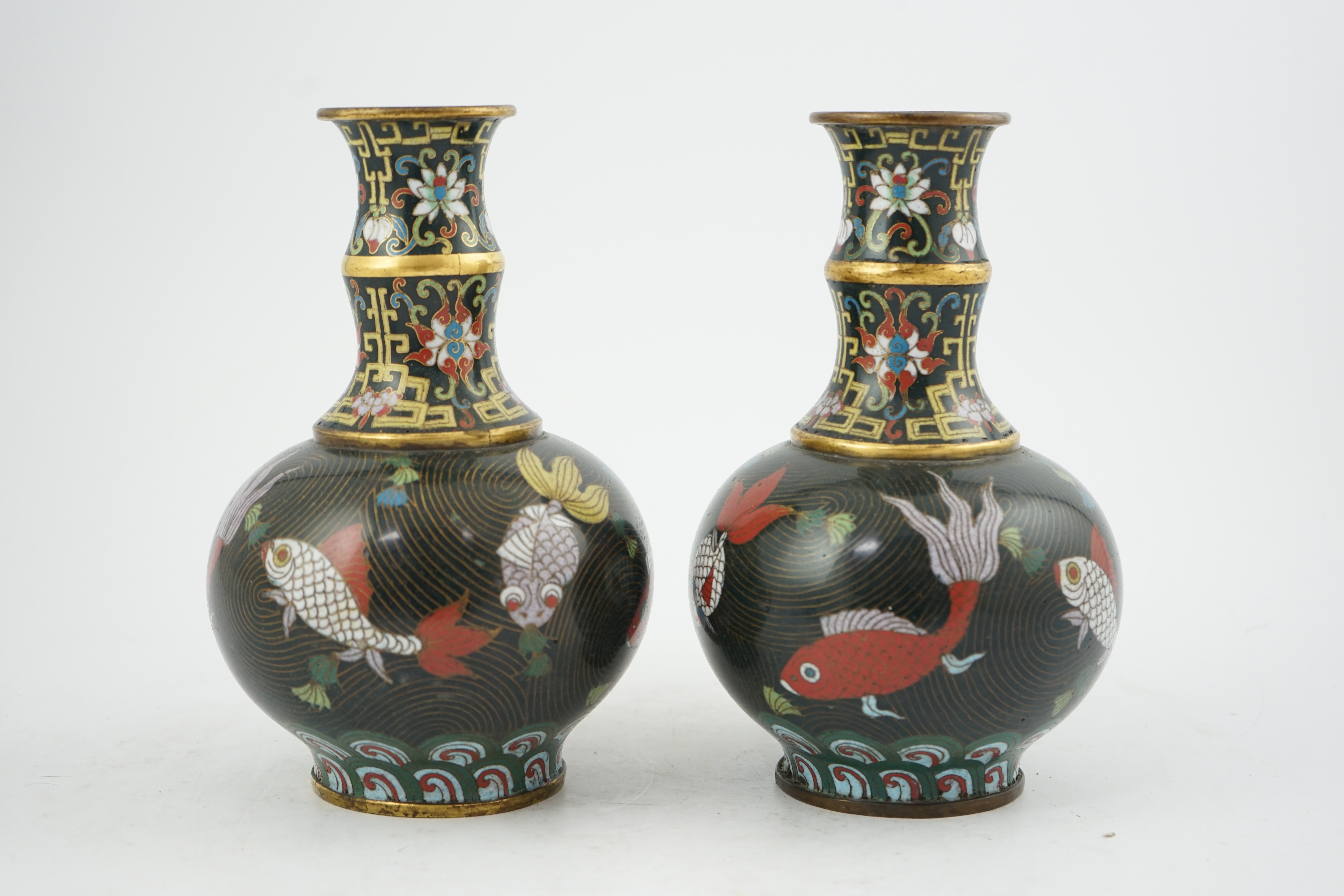 A pair of Chinese cloisonné enamel ‘goldfish’ vases, probably Jiaqing period (1796-1820)